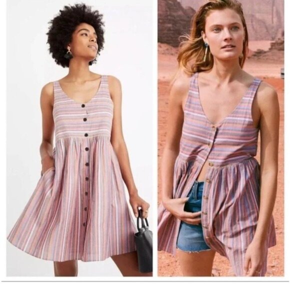 Madewell Scoopneck Tank Dress in Rainbow Stripe 100% Cotton A-Line Size S - Picture 1 of 12